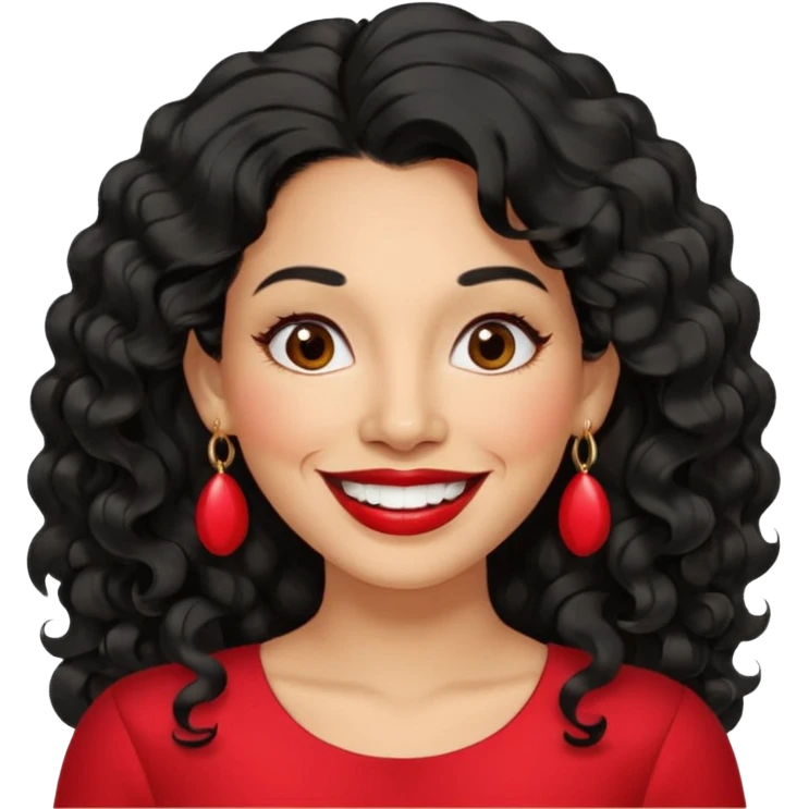 40 yr old peruvian woman, wavy/curly long black hair, red lipstick, big smile, white teeth, brown eyes, hoop earings, side part to hair, round face emoji