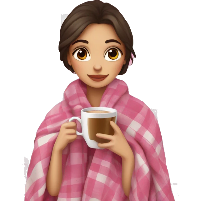 cute brunette girl wrapped in pink plaid blanket drinking coffee emoji