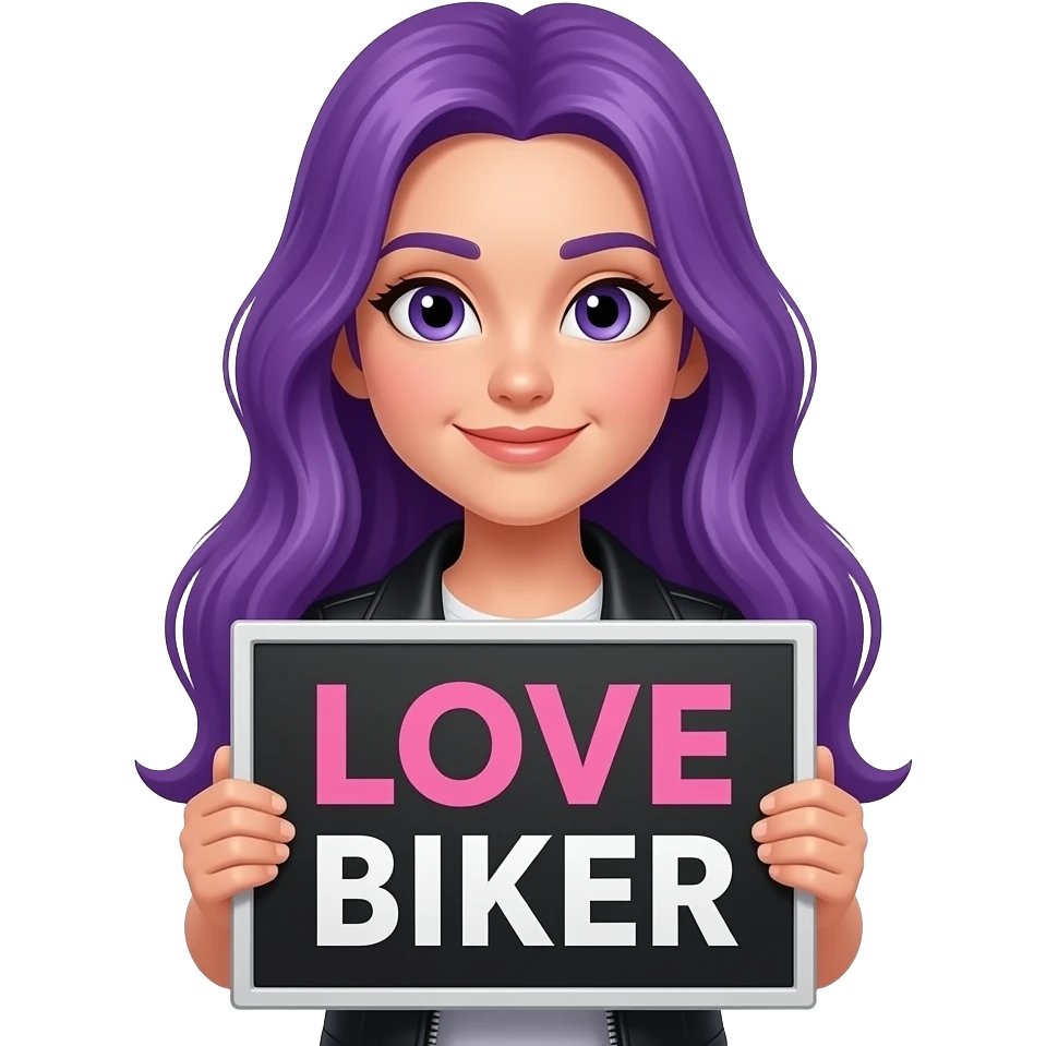 girl with long purple hair holding a LOVE BIKER sign emoji