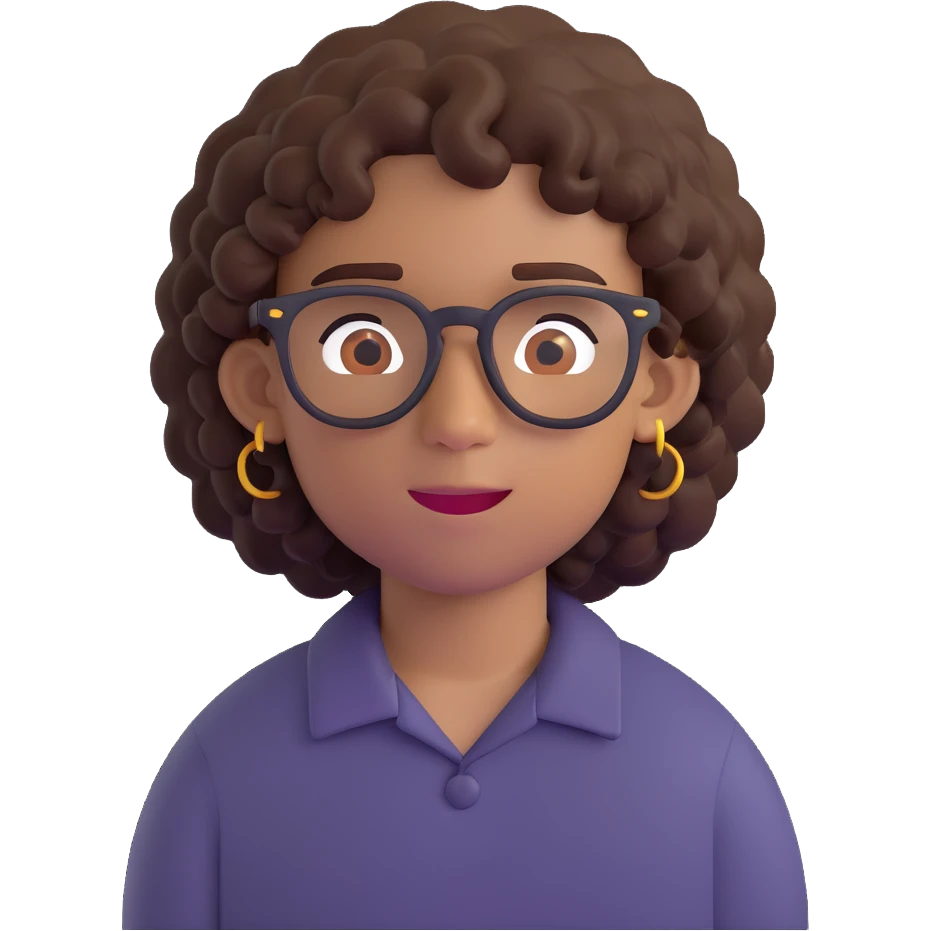 boy with curly hair and brown skin, wearing black glasses and earrings, 3D emoji style emoji