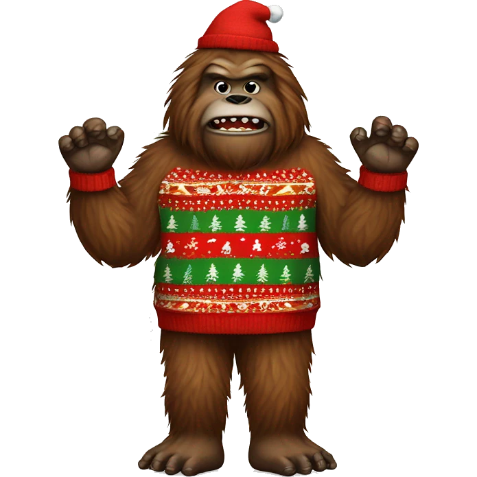 Bigfoot wearing an ugly christmas sweater emoji