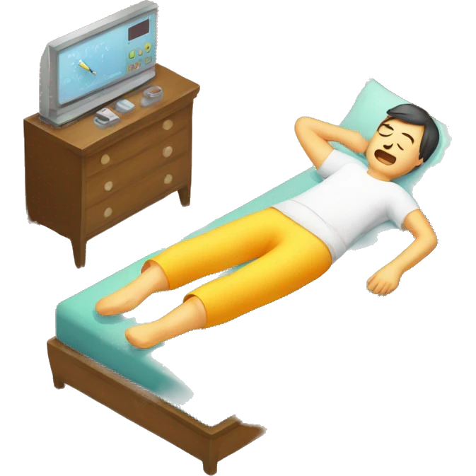 sick man lying on the bed, fever, thermometer with high temperature emoji