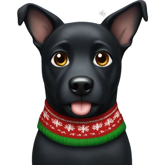 Black dog with white spot on the breast wearing a christmas sweater emoji