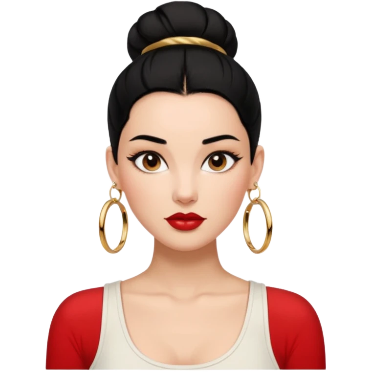 정면 얼굴위주 여성 이모지 생성 : 얼굴이 조금 검고, 검정 헤어를 가진, 올빽머리 스타일링으로 묶고, 볼드한 골드 링귀걸이, 짙은 눈썹과 블러시 위주의 내추럴메이크업, 립은 웜톤레드, 흰색 나시 탑을 입음 emoji