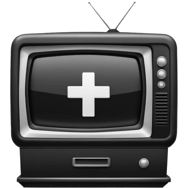 Minimalist emoji-style sticker of a CRT TV in the shape of a coffin, with a cross or static noise on the screen. Desaturated design.  emoji