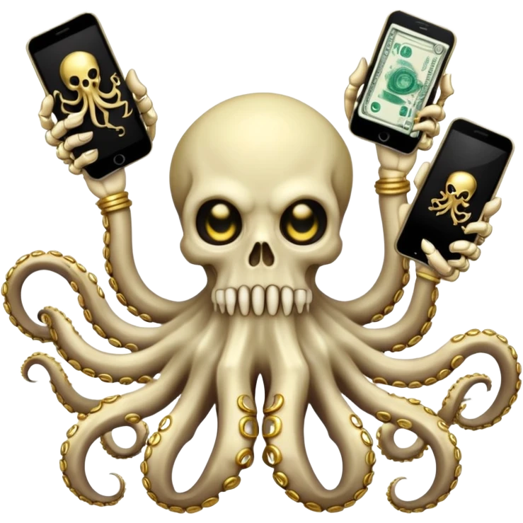 satanic octopus skeleton. Evil looking eyes, wearing a gold necklace. 2 tentacles are holding their own cellphones, 2 other tentacles are holding stacks of money emoji