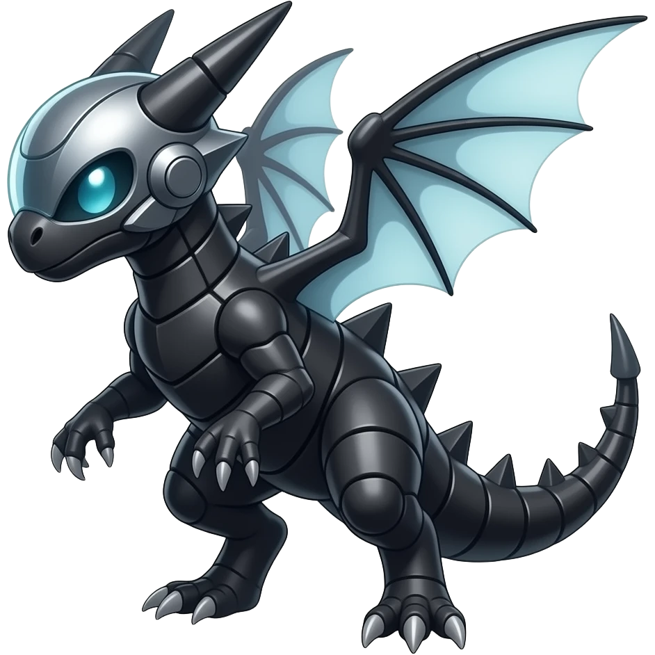 a shiny black Genesect-Flygon-Raptor-Fakémon—hybrid with a futuristic visor-helmet full body emoji