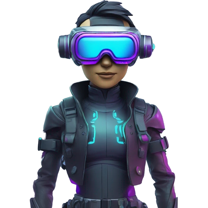 Secret human agent in a futuristic hat with in Apple VR goggles headset code display on the goggles , cyberpunk, cyan and purple colors, only upper body portrait, front facing the camera  emoji