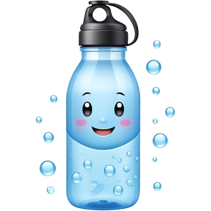 Cute Kawaii Water Bottle, round and bubbly, soft blue with tiny water droplets around, a happy smiling face, gentle glowing highlights, fresh and refreshing vibes! emoji