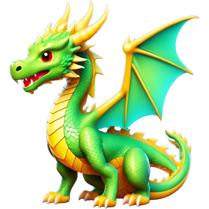 Clash of Clans aesthetic: Cinematic fierce Dragon Emoji, rendered in a 3D vector-style similar to standard emojis with minimal shading and bold, simplified shapes. A compact, isometric dragon with majestic wings and intricately scaled details, softly glowing with a legendary, mythical charm. Simplified yet unmistakably iconic, highly detailed and consistent, glowing with a soft radiant brilliance and high shine. Stylized with a touch of fantastical might and a soft glowing outline, capturing the essence of a mighty dragon with a friendly, playful demeanor! emoji