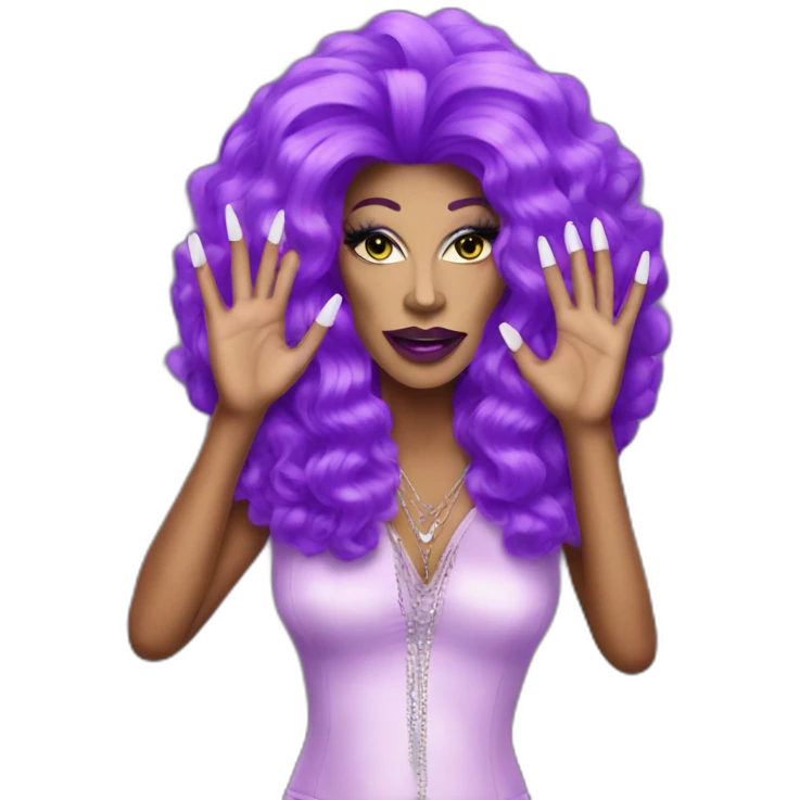 drag queen showing hand with large nails and big purple wig emoji