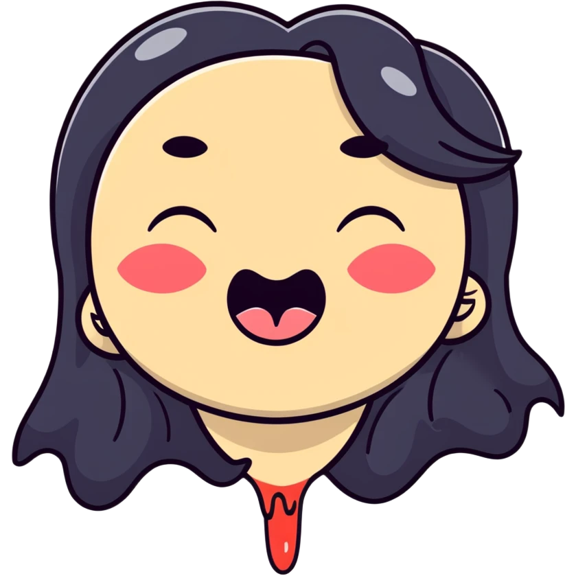 surprised and disgusted face with long black hair, goopy white liquid on cheeks, lips, and tongue, tongue sticking out, eyes shut, expressive cartoon look emoji