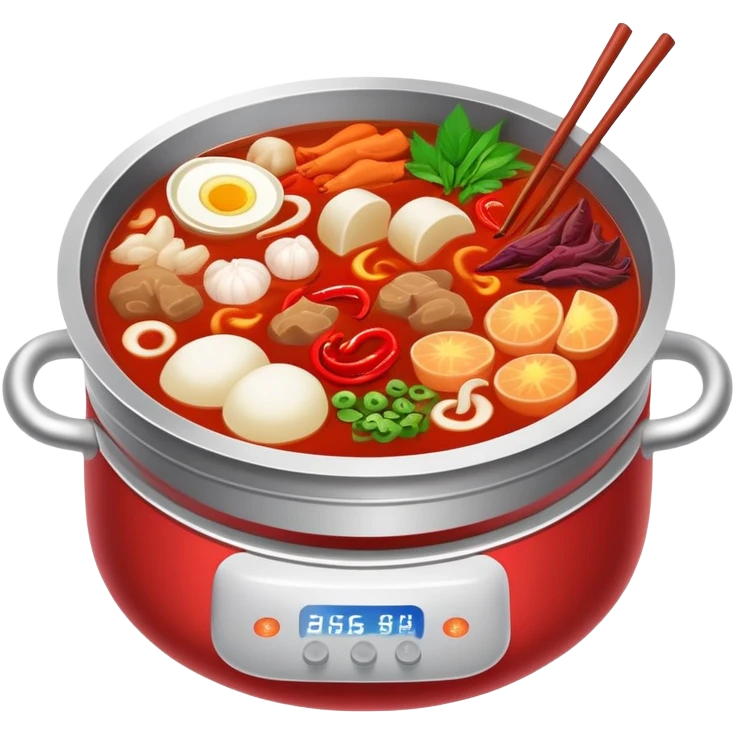 Sichuan Hot Pot with spicy red broth and ingredients, simplified emoji style with bold outlines and bright colors, cartoon style traditional Chinese divided hot pot emoji