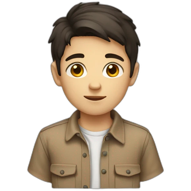 short dark hair white young boy in brown button up shirt with a tshirt under emoji