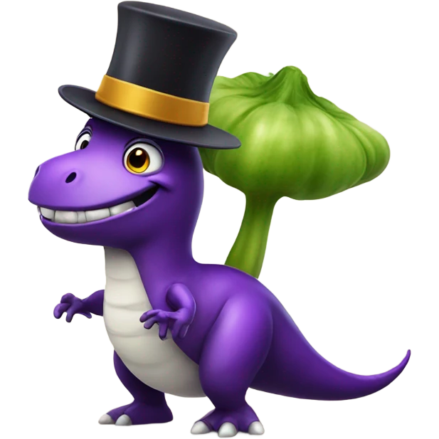 Smiling eggplant with a top hat and riding a dinosaur emoji