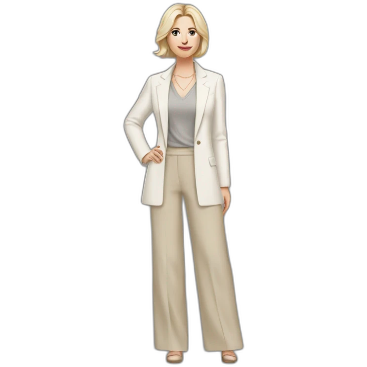 Full height Actively gesturing with hands pale skin woman with ash blonde Straightened bob Hair, White Spacious classical jacket, beige palazzo Arrow pants and gray blouse emoji