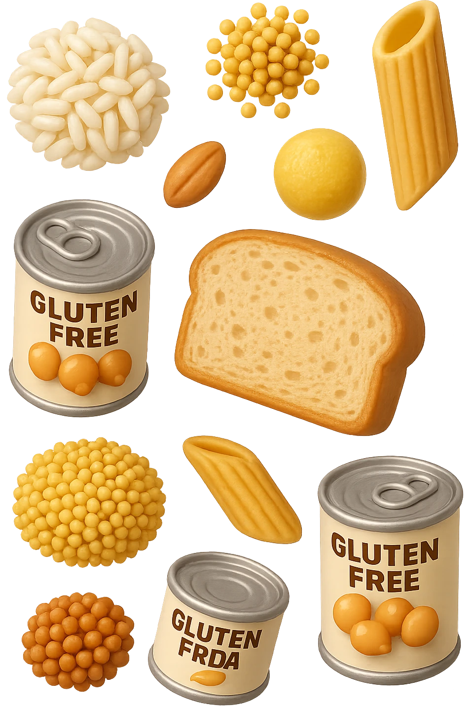 emoji stile iphone 3d di questi elementi che fluttuano in aria:

Riso, quinoa, avena, miglio, couscous senza glutine
Pasta e pane gluten-free
Farro a lievitazione lunga
Lenticchie e ceci in scatola

 che fluttuano sparse casualmente in aria, iperealistico 4k emoji