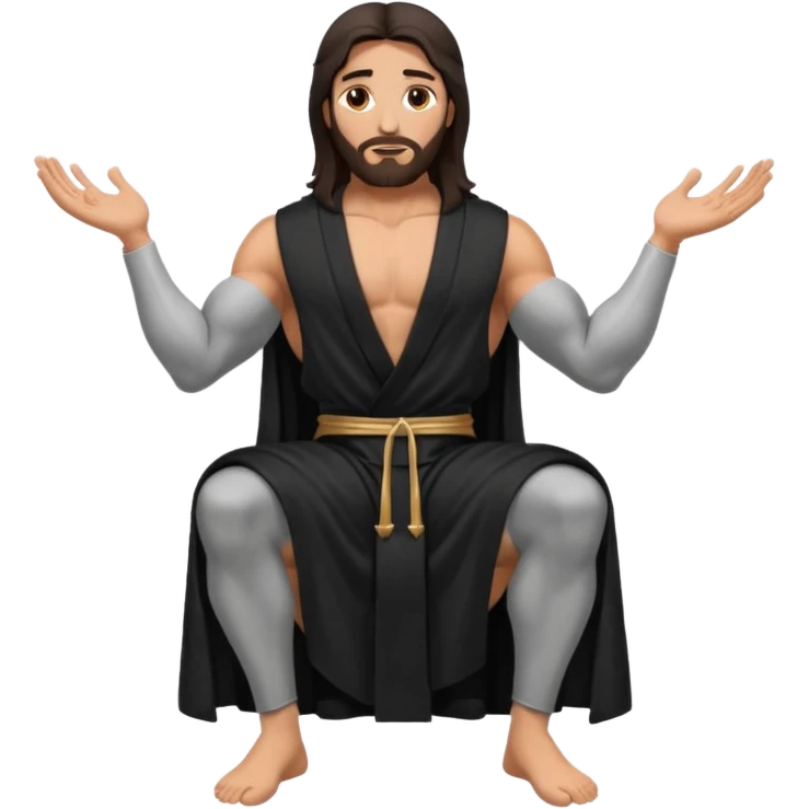 fullbody jesus christ jacked, sleeveless black robe sitting hands down emoji