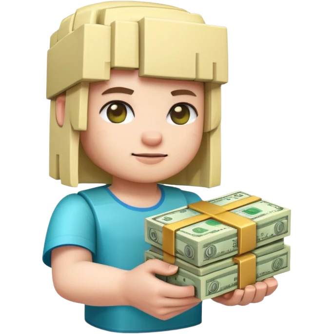 emoji style icon, minecraft blocky character holding a stack of money, pixel art style, bright colors, simple background, 3D glossy emoji, centered composition, soft shadow, high detail, clean outline, white background emoji