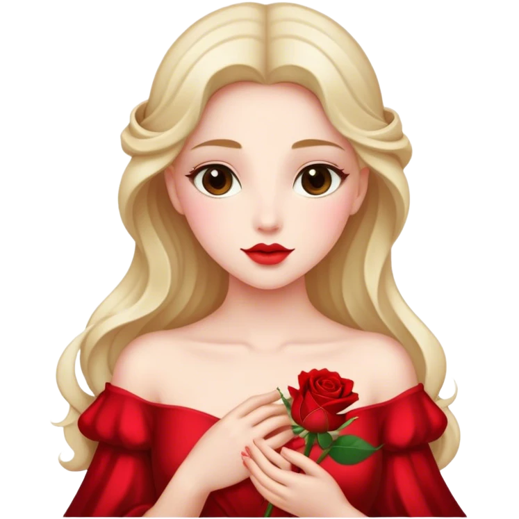 Cinematic Elegant Aurora Portrait Emoji, Delicately holding a single red rose, gazing with soft wonder, lips gently parted as if about to sing, the picture of grace and elegance, glowing with royal charm! emoji