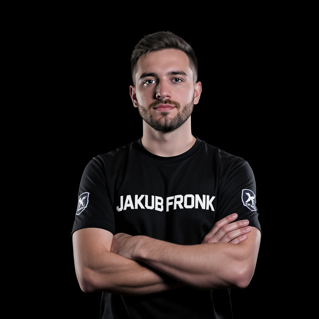 Csgo pro player profile proffesional photo, low key light back light, man standing crossed hands with tshirt with text "Jakub Fronk" black solid background emoji