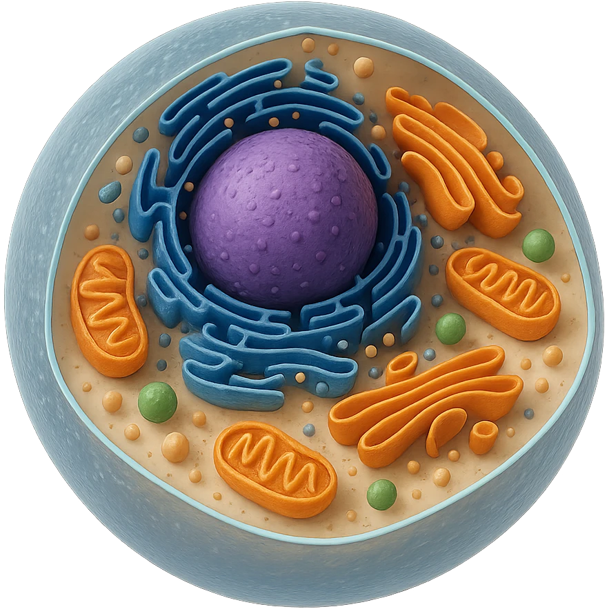 3D biological cell with visible organelles including nucleus, mitochondria, endoplasmic reticulum, and Golgi apparatus, cutaway view emoji