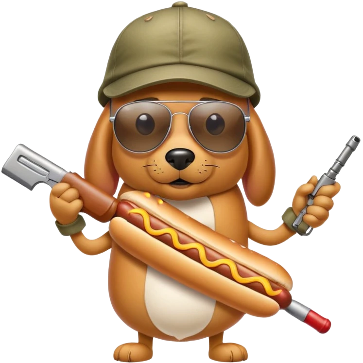 un hot dog con gorra y lentes de sol ray ban aviator con armas emoji