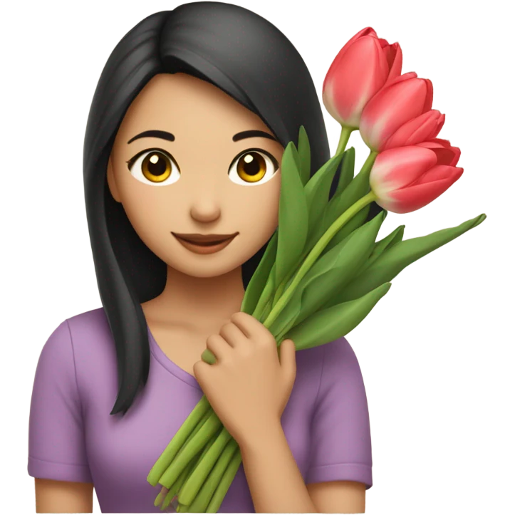 beautiful Asian girl holding tulips emoji
