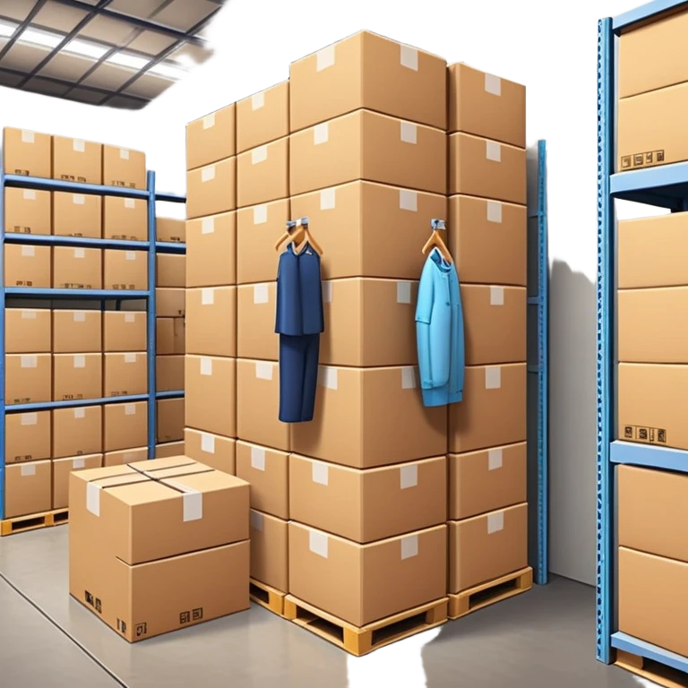 warehouse with stacked clothing boxes, fashion supply chain theme emoji
