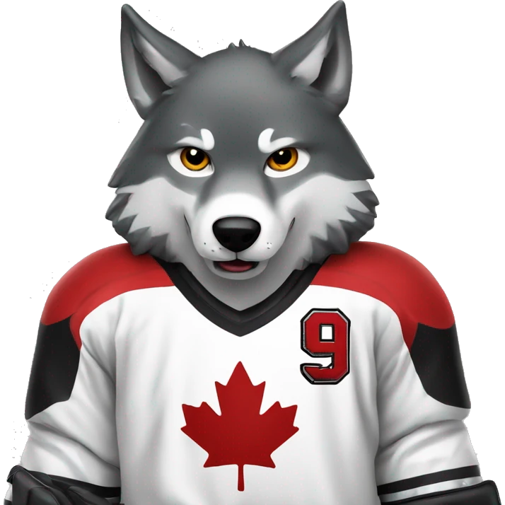 A wolf plays hockey in a black and white red uniform with a wolf emblem on his chest emoji