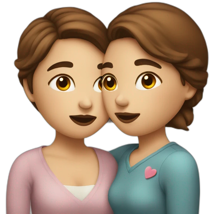 Two women with brown hair kissing with heart emoji