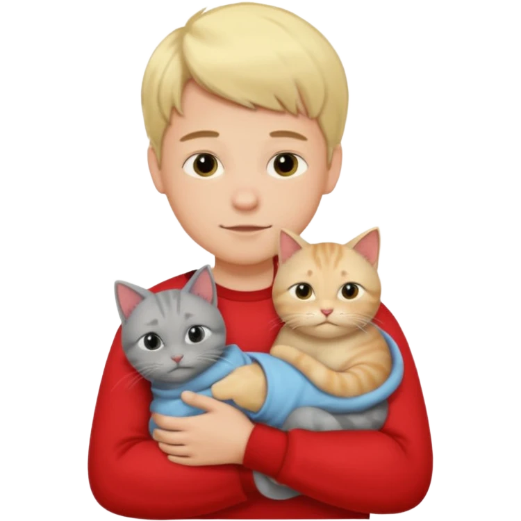 Make 1 gray cats cudling a kid that’s a boy wearing all red and he’s blond emoji