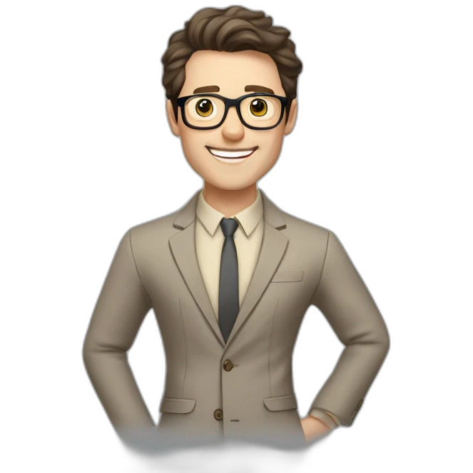 Joyful Pale skinned Fit Man With dark brown hair in gray jacket, beige office shirt, Brown pants and vintage glasses. His thrumbs up emoji