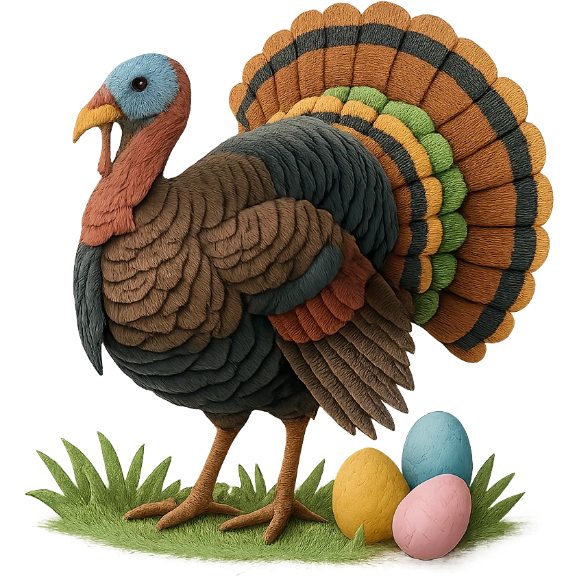 very detailed wild turkey in paper craft style, intricate cut paper textures, iridescent feathers, fanned tail, standing in spring grass with Easter eggs nearby emoji