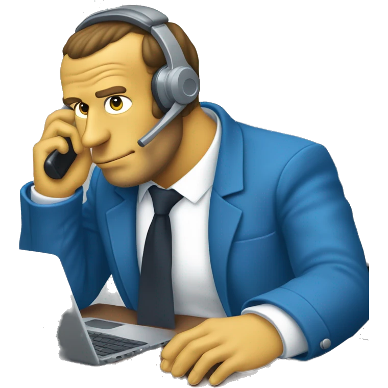 Emmanuel Macron in simpson style dressed as camrom blue outfit making a phone call on a flip phon  emoji