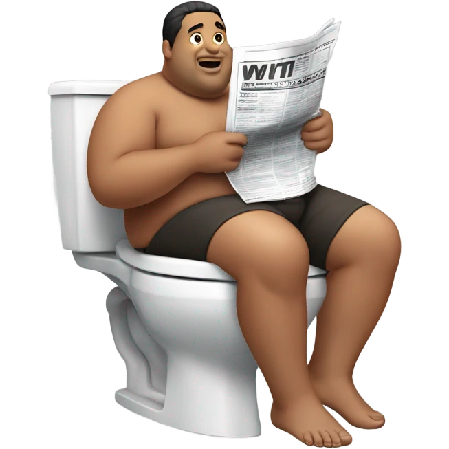 fat guy sitting on toilet reading newspaper no shirt front view emoji