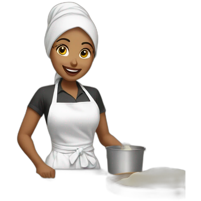 A fair skinned Hijabi Muslim woman wearing a white apron, mixing cake batter, standing behind a messy, kitchen, counter top with the ingredients on the table emoji
