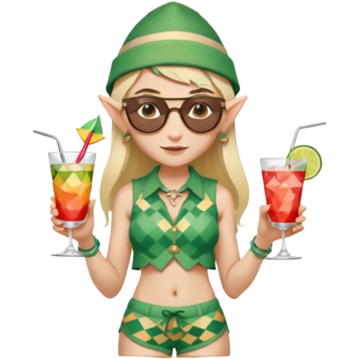 elf female legolas portrait, patterned board shorts (geometric/abstract), unique wooden-framed sunglasses, undercut hairstyle, slight smirk, visible pointy ears, no background, centered emoji, hipster summer vibe coctails with summer hat emoji