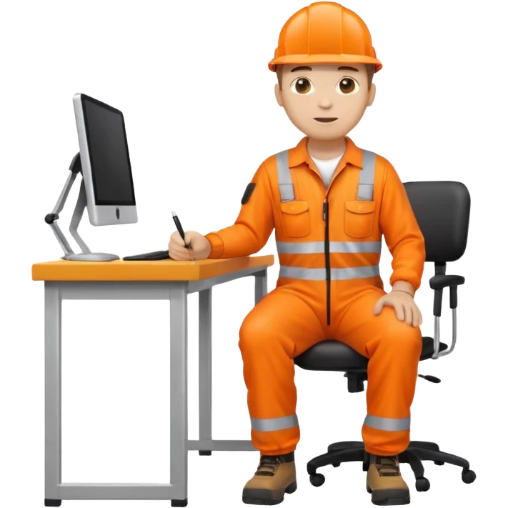 full body of a man in orange reflective safety overalls sitting at a desk, emoji style emoji