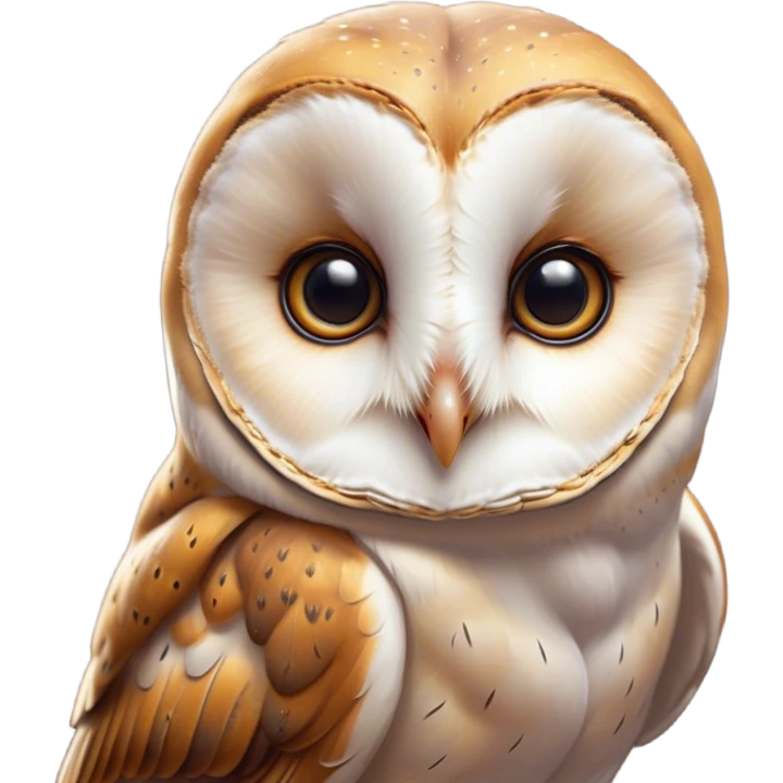 Cinematic Cute Barn Owl Portrait Emoji, Head tilted playfully and inquisitively, featuring a softly mottled Fur of white and brown with delicate feather patterns, round, sparkling amber eyes filled with curious wonder, Simplified yet irresistibly adorable features, highly detailed, glowing with a warm, friendly glow, high shine, affectionate and gentle, stylized with a touch of barnyard whimsy, bright and endearing, soft glowing outline, capturing the essence of a mischievous yet loving owl, so playful it feels like it could swoop out of the screen and into your arms! emoji