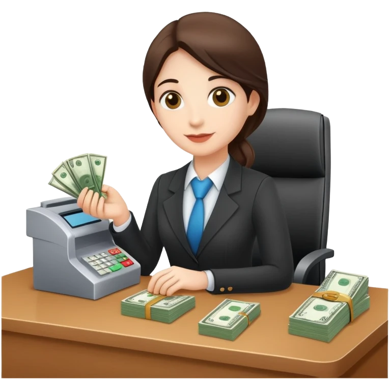 Bank teller at desk holding money  emoji