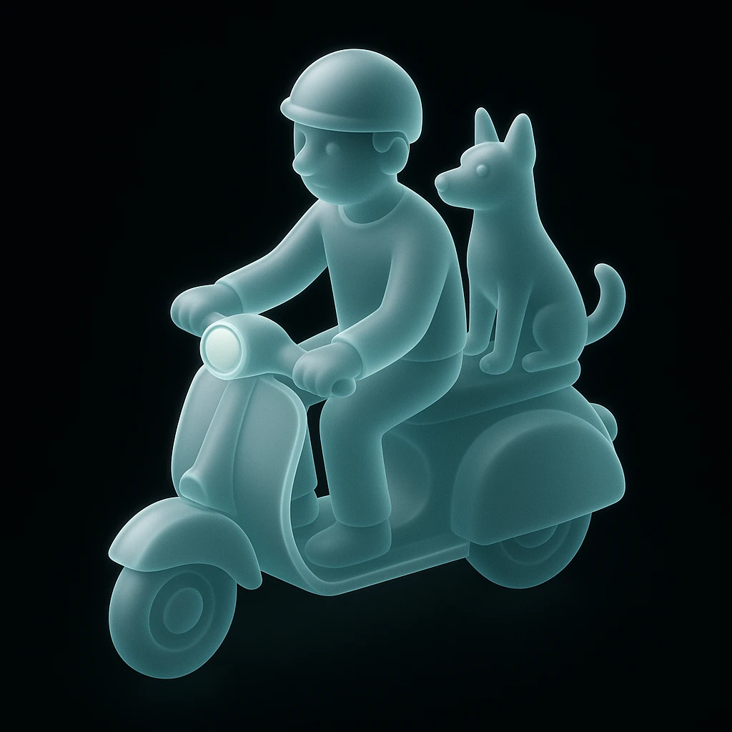 man and his pet dog riding a vespa emoji