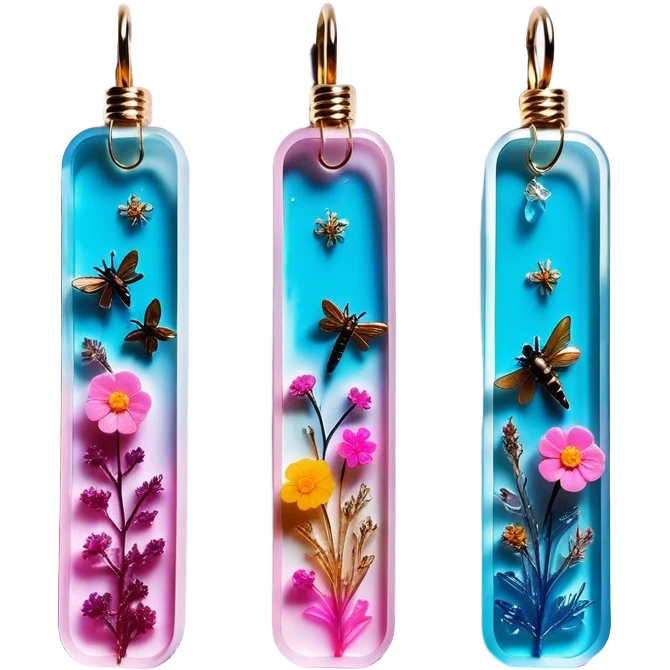 Epoxy resin art icon, jewelry and decorative items made with fluorescent epoxy resin, visible tubes of resin with bright colors, mixing tools, and molds, glowing effect on the resin, finished resin jewelry with dried flowers and insects embedded inside, minimalistic style, clean lines, transparent background. emoji