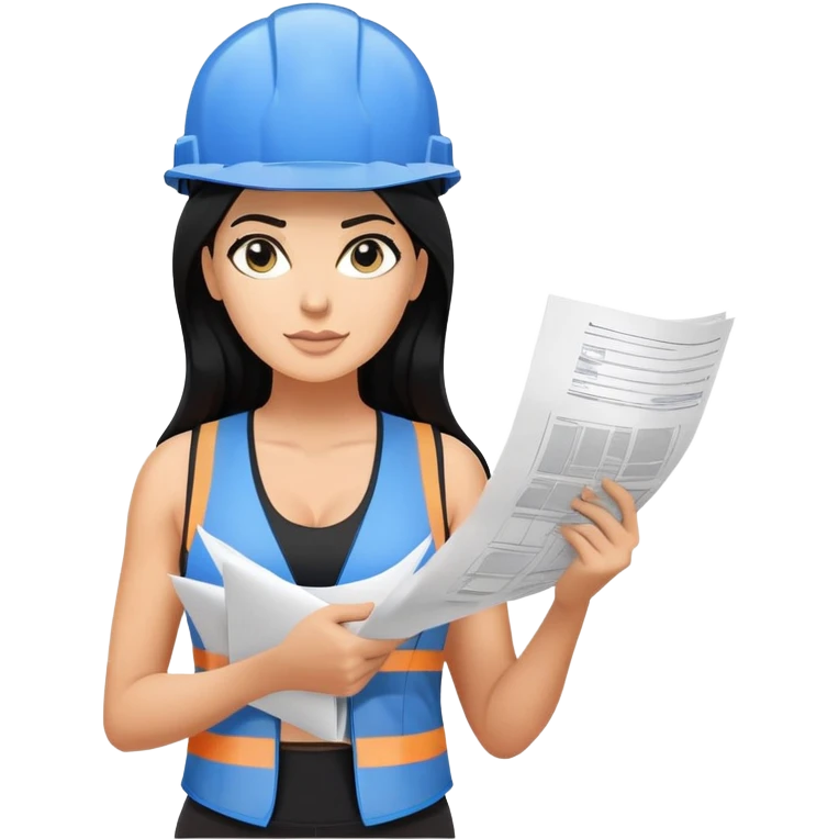 construction hat, blue print plan paper in hand, long black hair tanned woman, black sports bra, vest, sexy emoji