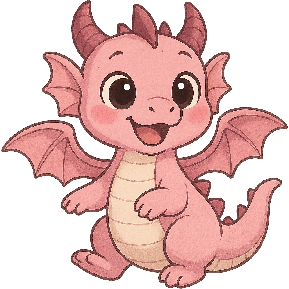 a cute pink dragon, original design, big eyes, blushing cheeks, joyful emoji