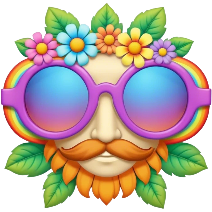 3D, psychedelic colored hippie sunglasses with hippie style flower border emoji
