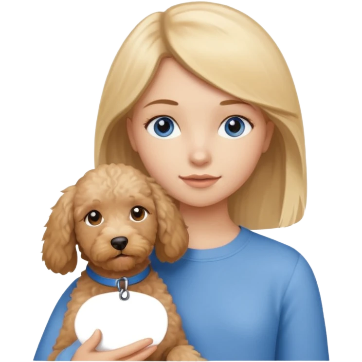 teenage aged girl with blonde straight hair, brown eyebrows, blue eyes, holding a small beige labradoodle  emoji