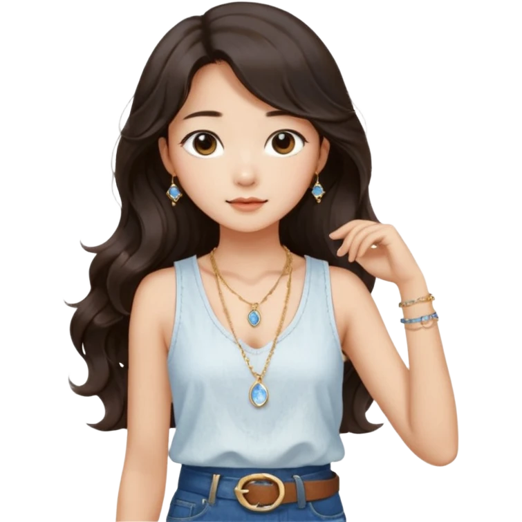 Stylish South Korean girl with long wavy dark hair, wearing a white textured sleeveless top, blue jeans, and a brown belt — soft lighting, cozy indoor vibe, a small, moonstone pendant necklace with a dainty gold chain adds a delicate touch emoji