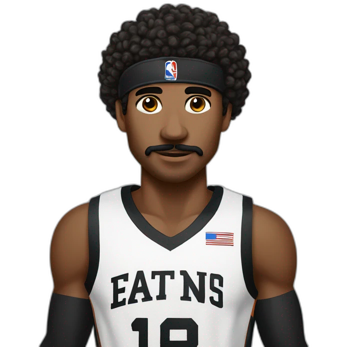 black basketball player with moustache holding the notebook wearing black and white jersey curly hair and black headband emoji