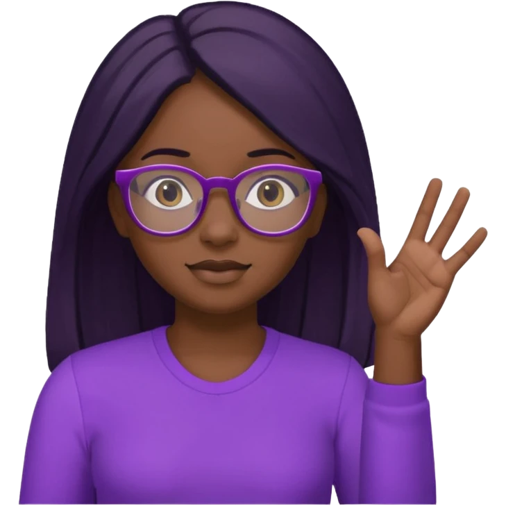 black girl raising her hand, wearing glasses and a purple shirt with long black hair emoji
